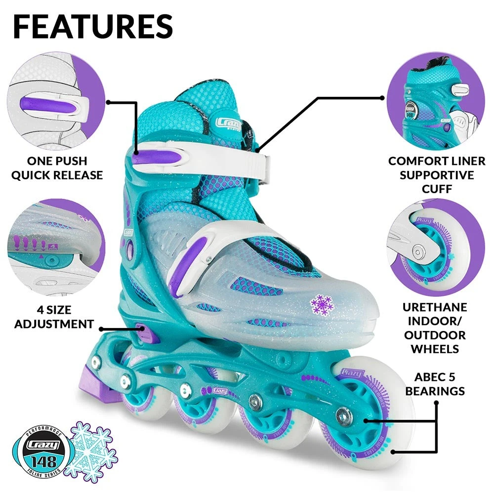 Crazy - 148 Adjustable Inline Skate - Teal Glitter 6 Crazy - 148 Adjustable Inline Skate - Teal Glitter - Image 4