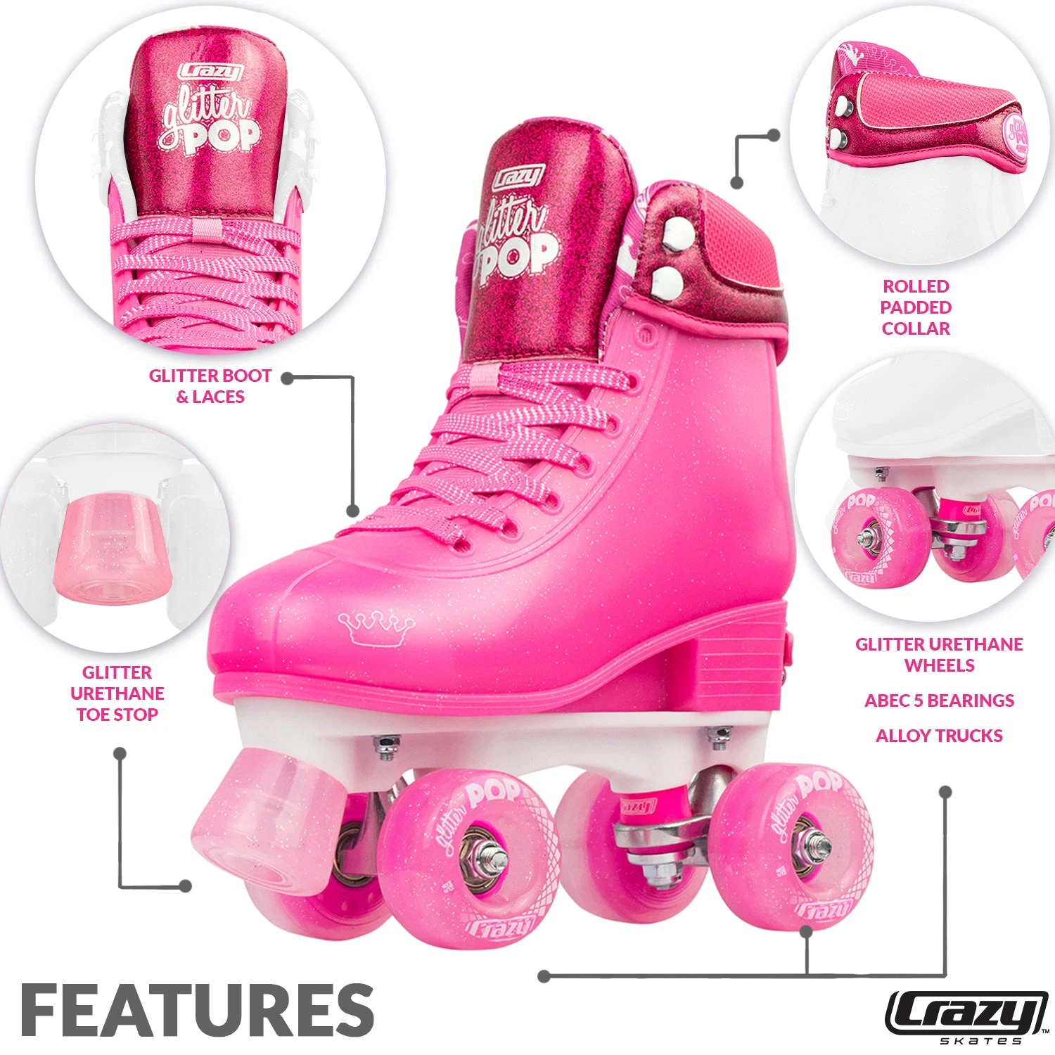 Crazy - Glitter Pop Adjustable Quad Skates - Pink 5 Crazy - Glitter Pop Adjustable Quad Skates - Pink - Image 3