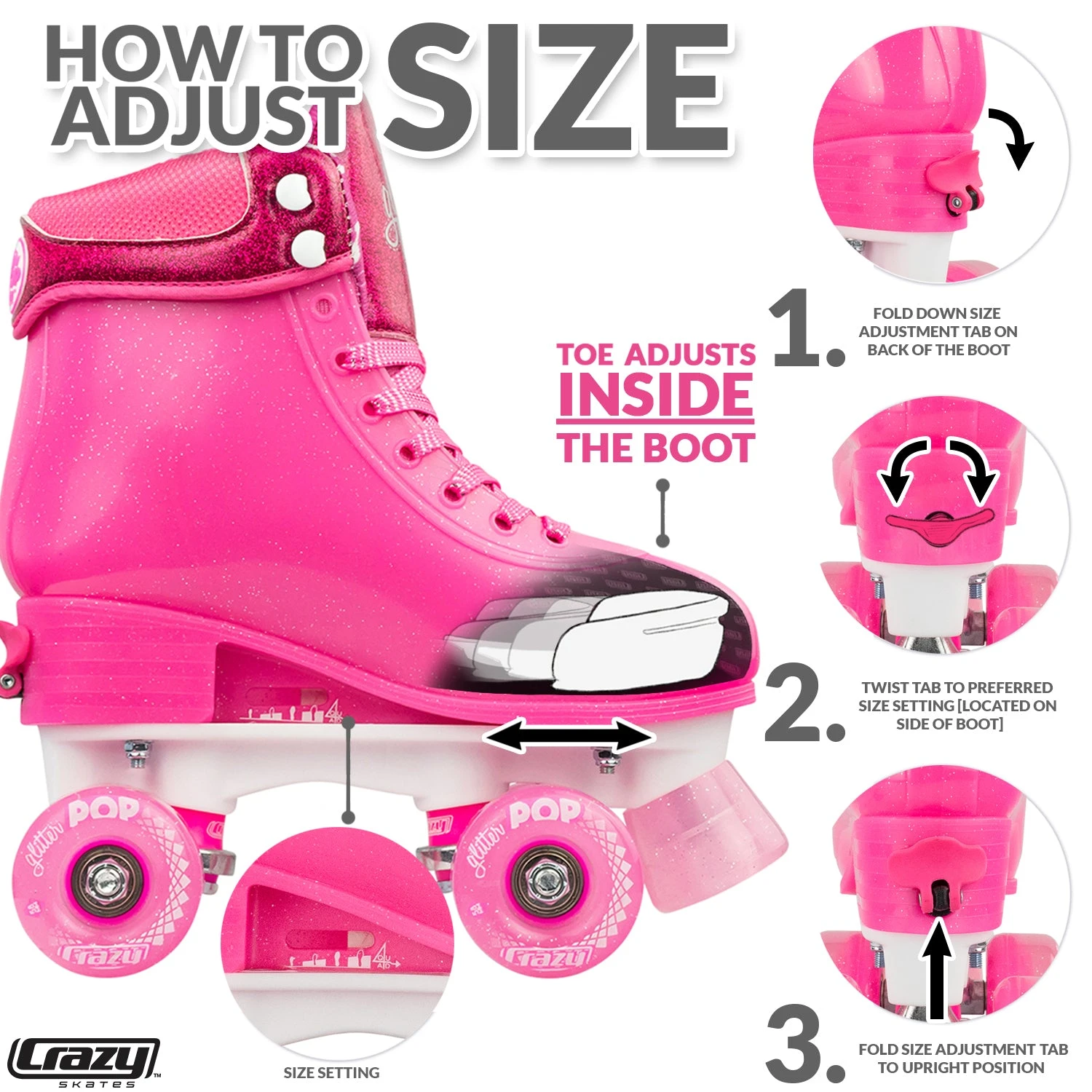 Crazy - Glitter Pop Adjustable Quad Skates - Pink 4 Crazy - Glitter Pop Adjustable Quad Skates - Pink - Image 2